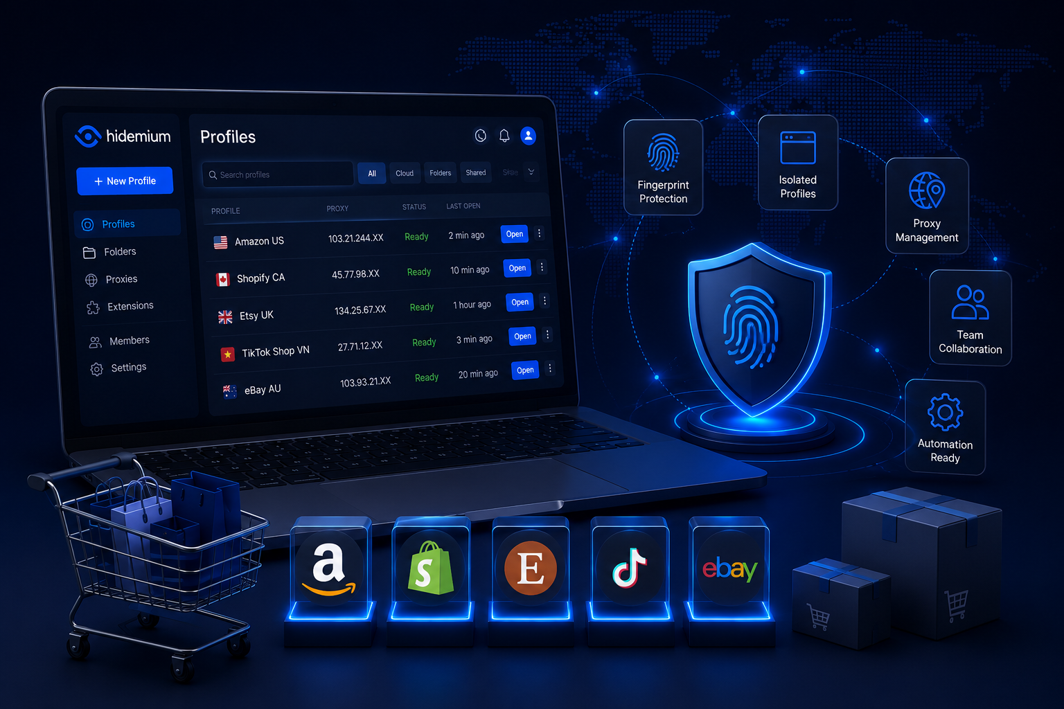 Панель управления antidetect браузера для ecommerce с изолированными профилями магазинов, защитой отпечатка, управлением прокси, командным доступом и инструментами автоматизации.