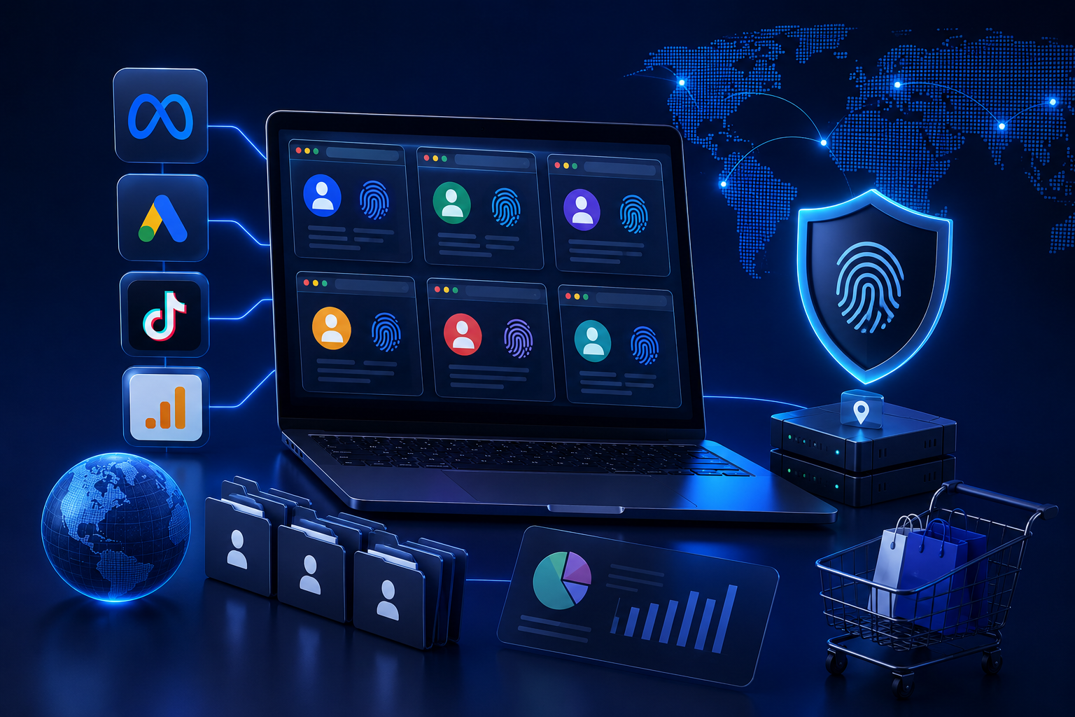 Antidetect browser for media buying with multiple ad profiles, fingerprint protection, global proxy connections, analytics dashboards, and secure team account management.