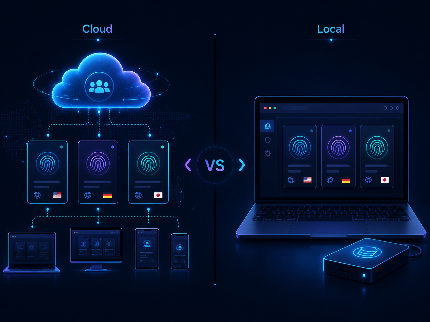 So sánh hồ sơ trình duyệt cloud vs local cho thấy hồ sơ được đồng bộ cloud trên nhiều thiết bị so với hồ sơ lưu local trên một workstation duy nhất.