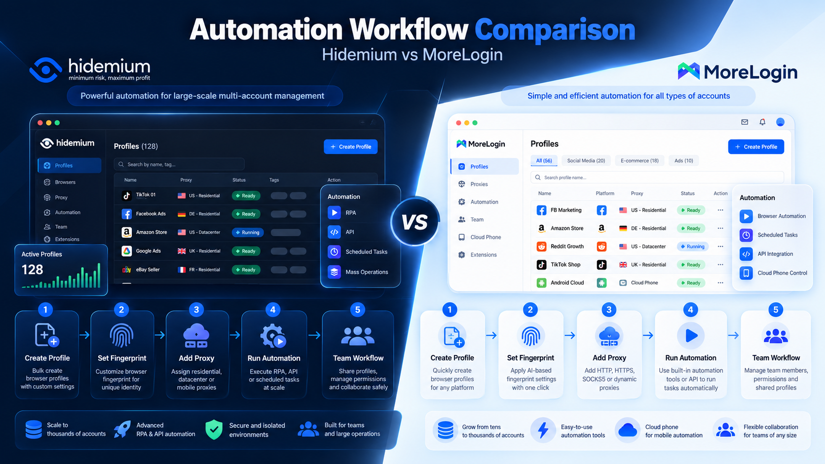 Hidemium vs MoreLogin automation workflow comparison