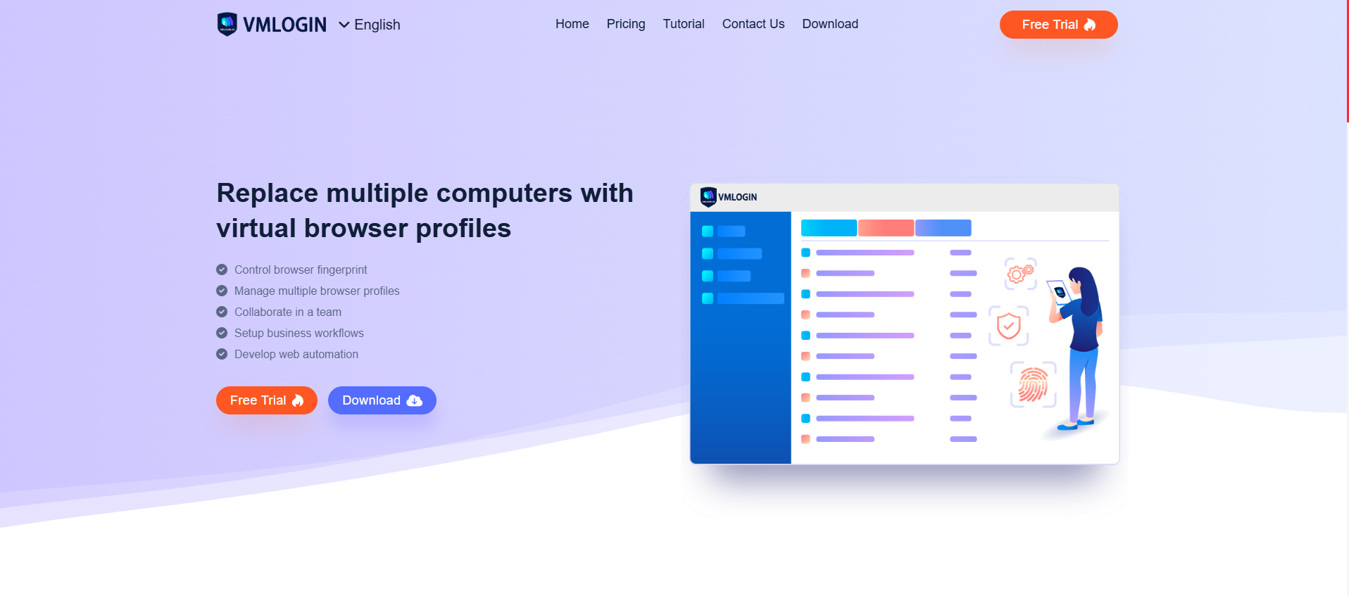 VMLogin antidetect browser homepage featuring multiple browser profiles, browser fingerprint management, team collaboration, proxy integration, and web automation.