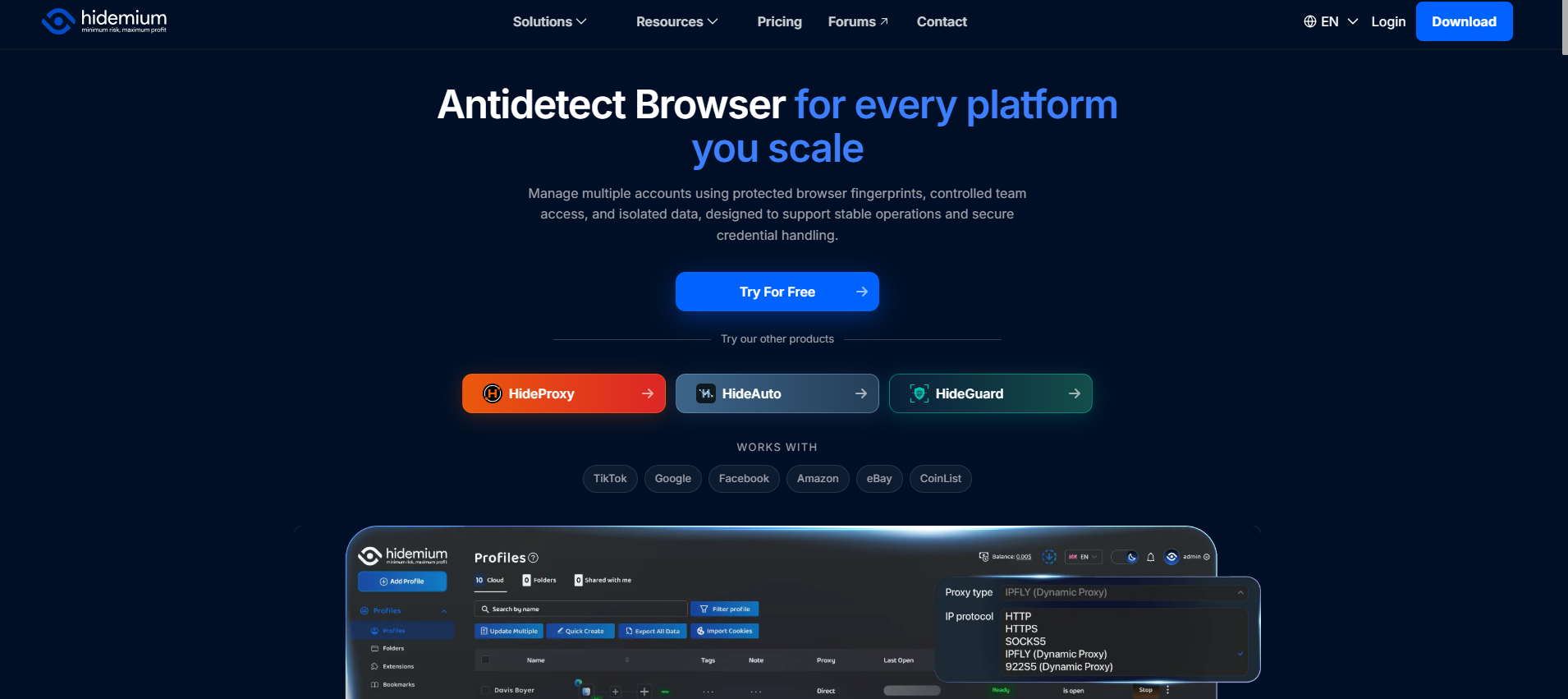 Hidemium antidetect browser homepage featuring multi-account management, browser profiles, and proxy integration 