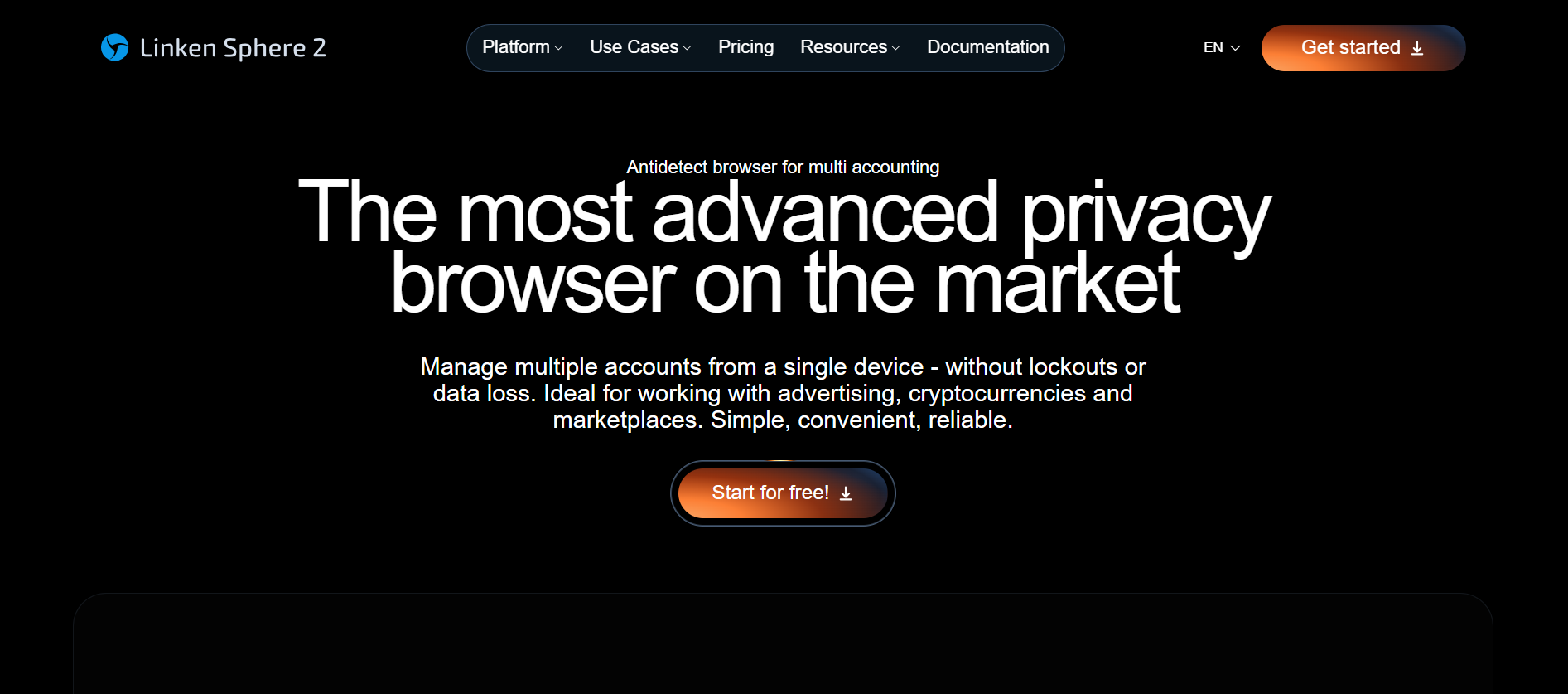 Linken Sphere 2 antidetect browser homepage for multi-account management and online privacy  