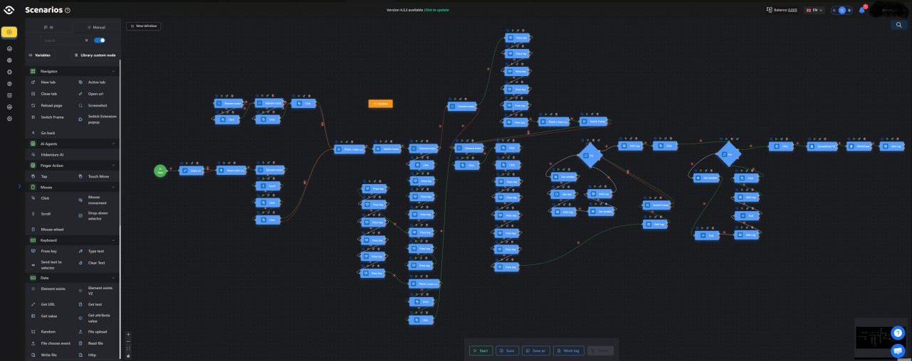 Hidemium no-code automation workflow builder showing a complex visual scenario with connected action nodes for automating repetitive browser tasks.