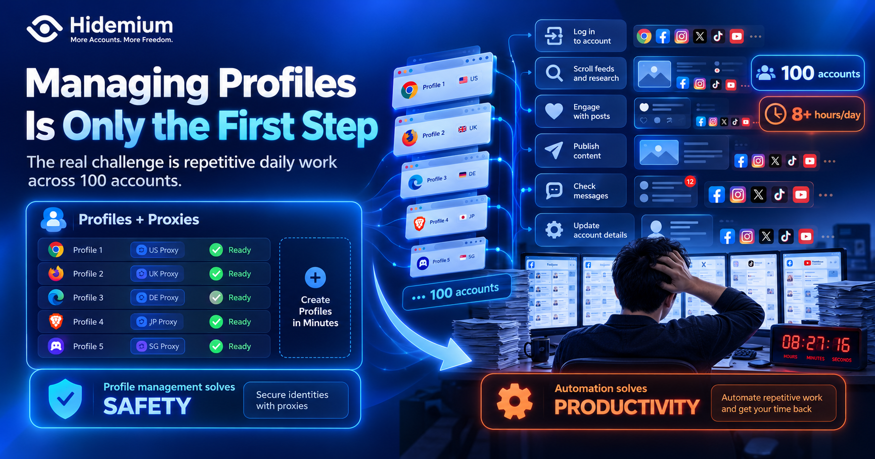 Hidemium browser profile management and automation for 100 accounts, reducing repetitive daily tasks and improving productivity.