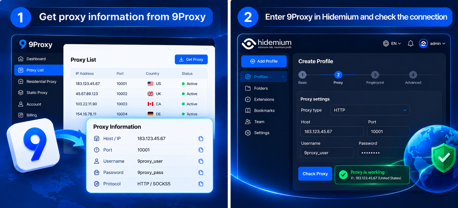 How to get 9Proxy credentials and enter proxy settings in Hidemium to establish and verify a successful proxy connection.