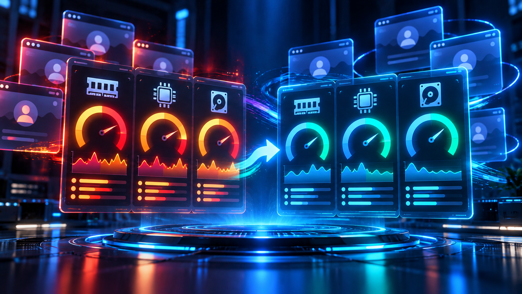 Bảng điều khiển hiển thị mức sử dụng RAM, CPU và ổ đĩa trước và sau khi giảm tải hệ thống.