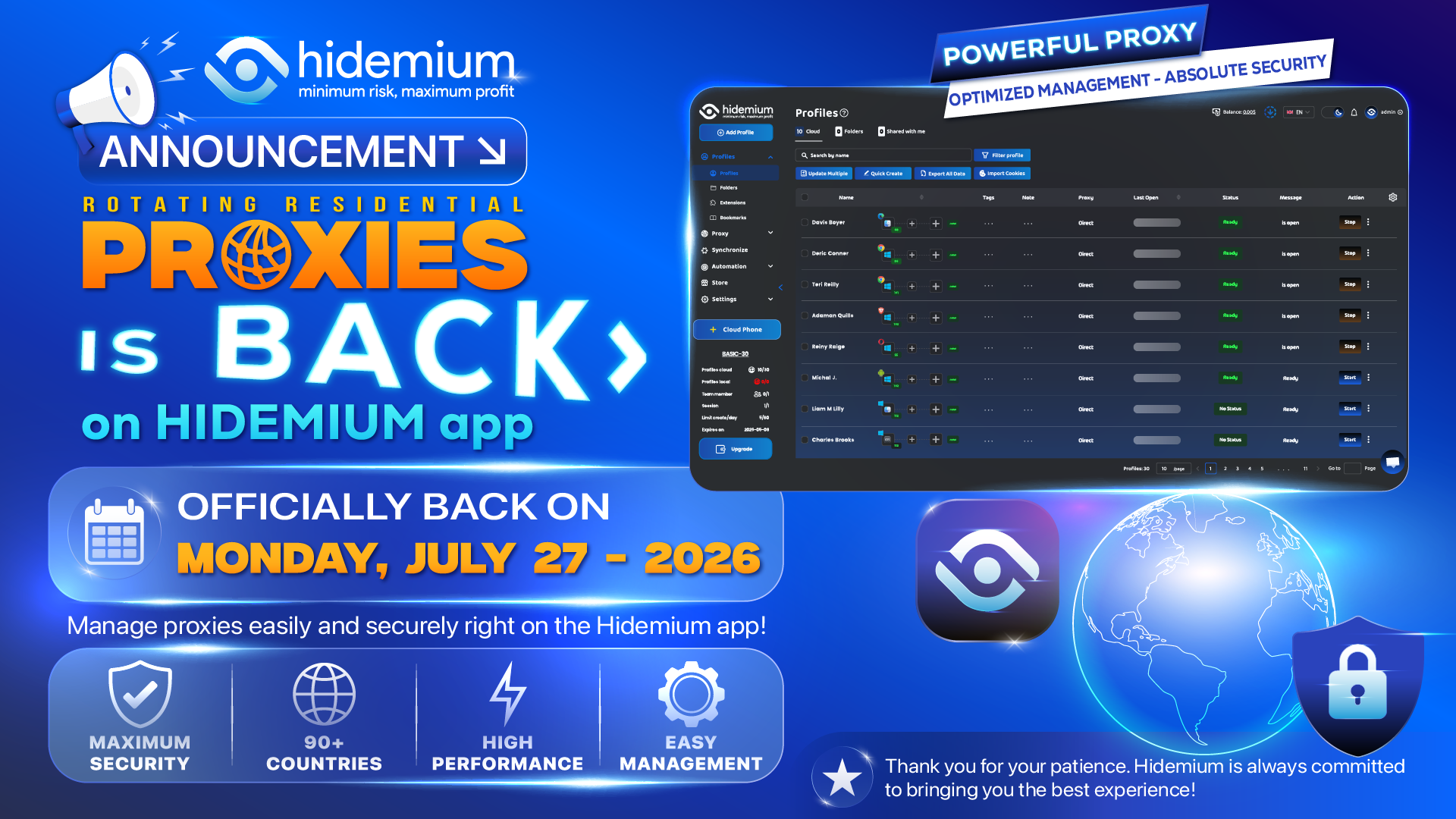Ротационные резидентские прокси снова доступны — Hidemium автоматически продлит срок действия подписки для соответствующих пользователей