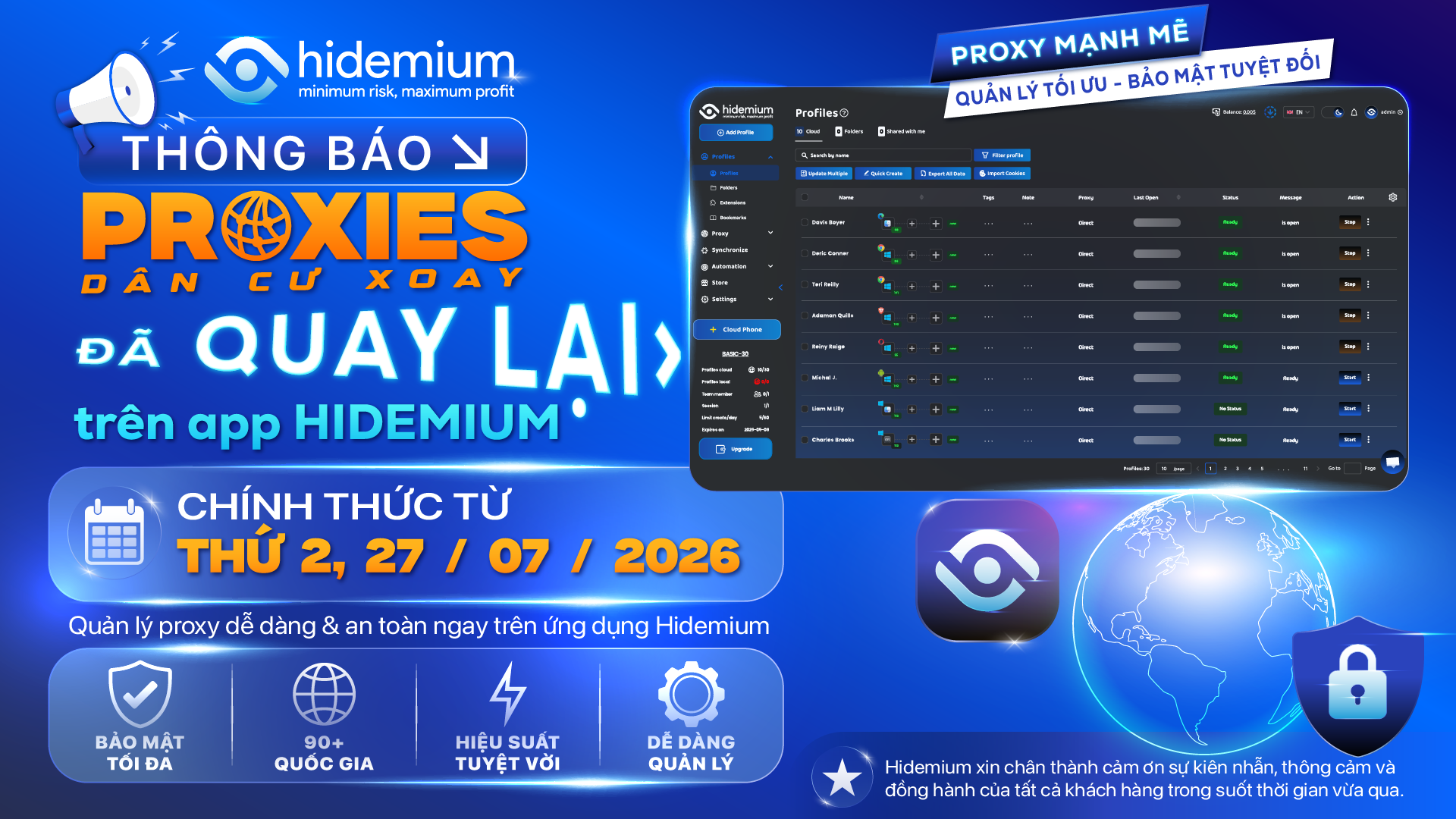 Proxy dân cư xoay Chính Thức Hoạt Động Trở Lại – Hidemium Sẽ Tự Động Gia Hạn Thời Gian Sử Dụng Cho Khách Hàng